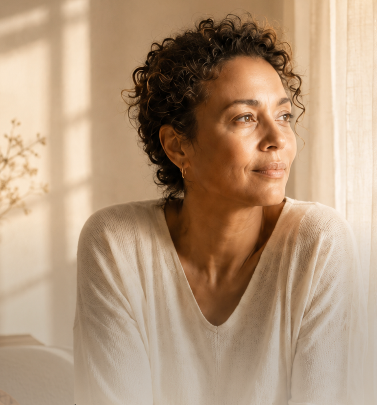 A woman in soft morning light, looking out the window