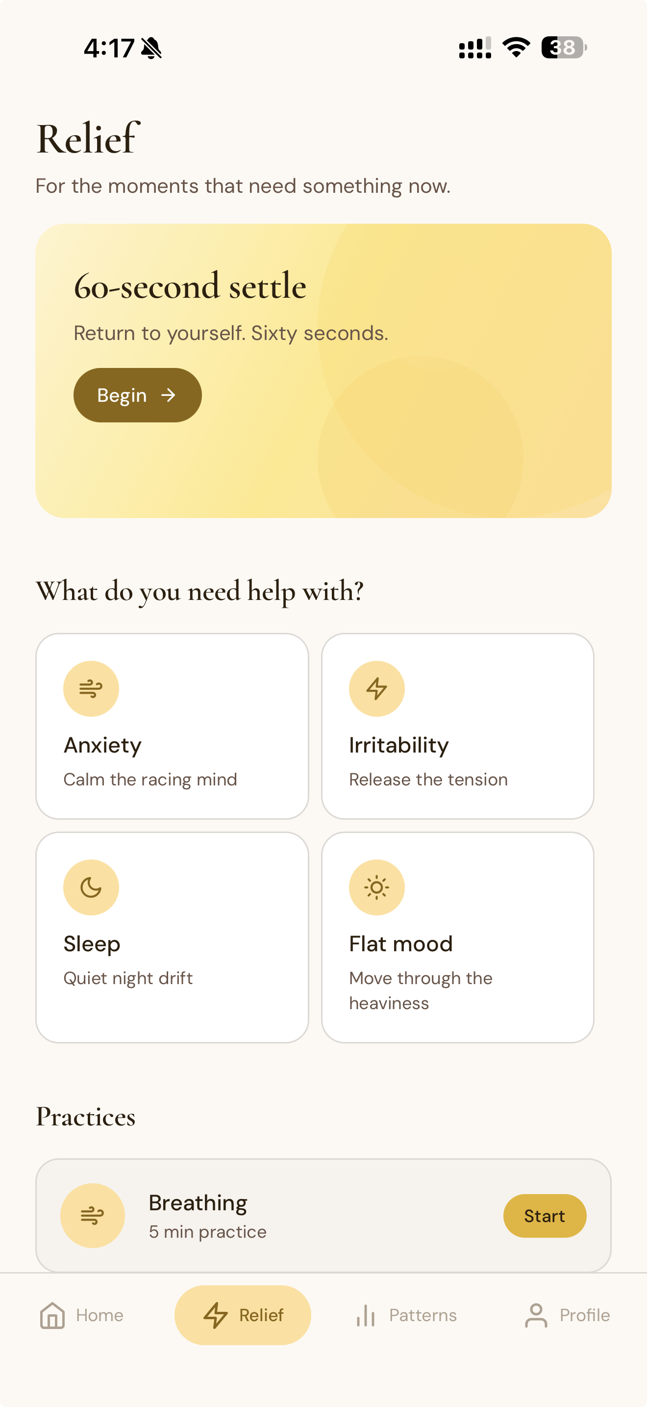 Yellow's Relief screen with breathing exercises and quick categories