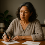 A woman in her 50s writing at a wooden table near a window with gentle natural light.