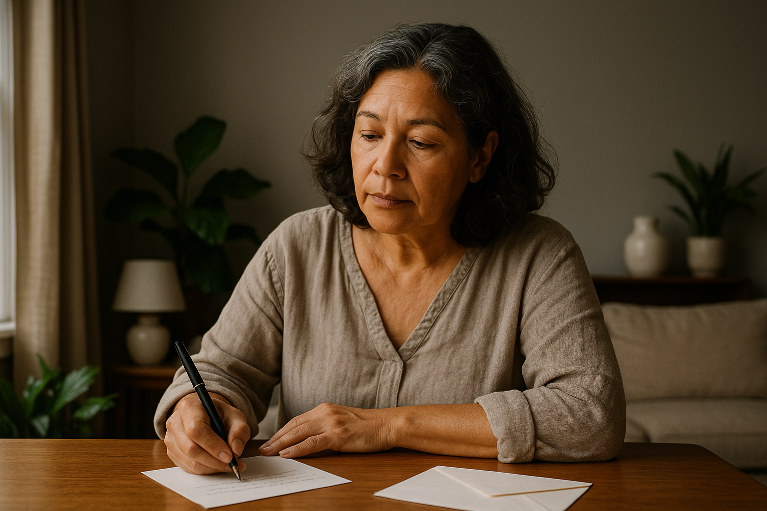 A woman in her 50s writing at a wooden table near a window with gentle natural light.
