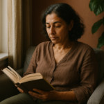Middle-aged woman reading by the window in a cozy room.