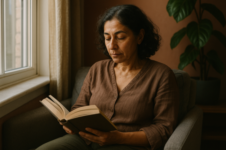 Middle-aged woman reading by the window in a cozy room.