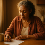Woman in her early fifties reading documents at a warm kitchen table with a ceramic mug of tea, golden morning light from a window