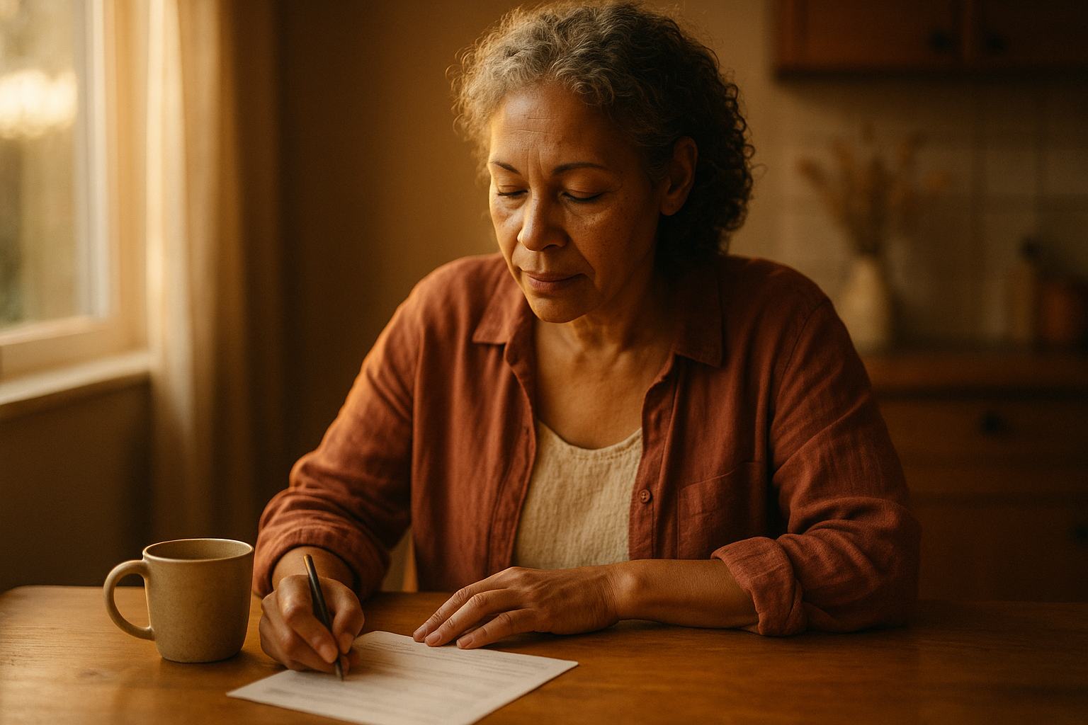 Woman in her early fifties reading documents at a warm kitchen table with a ceramic mug of tea, golden morning light from a window