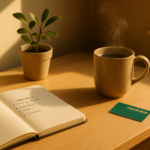 Open notebook with a handwritten symptom list beside a coffee mug and Medicare card on a sunlit timber desk