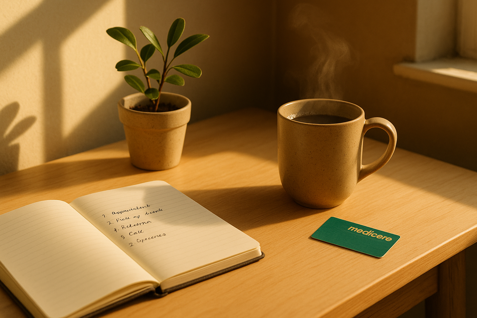 Open notebook with a handwritten symptom list beside a coffee mug and Medicare card on a sunlit timber desk