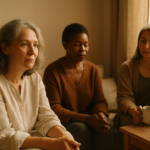Women aged 45-60 enjoying a reflective moment in a cosy, warmly lit room.