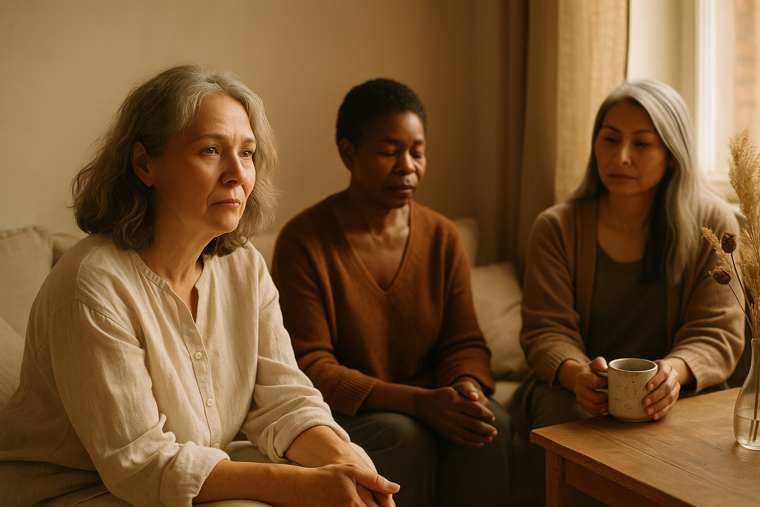 Women aged 45-60 enjoying a reflective moment in a cosy, warmly lit room.