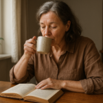 Irish woman in her 50s reading at a kitchen table, engaging in self-care.