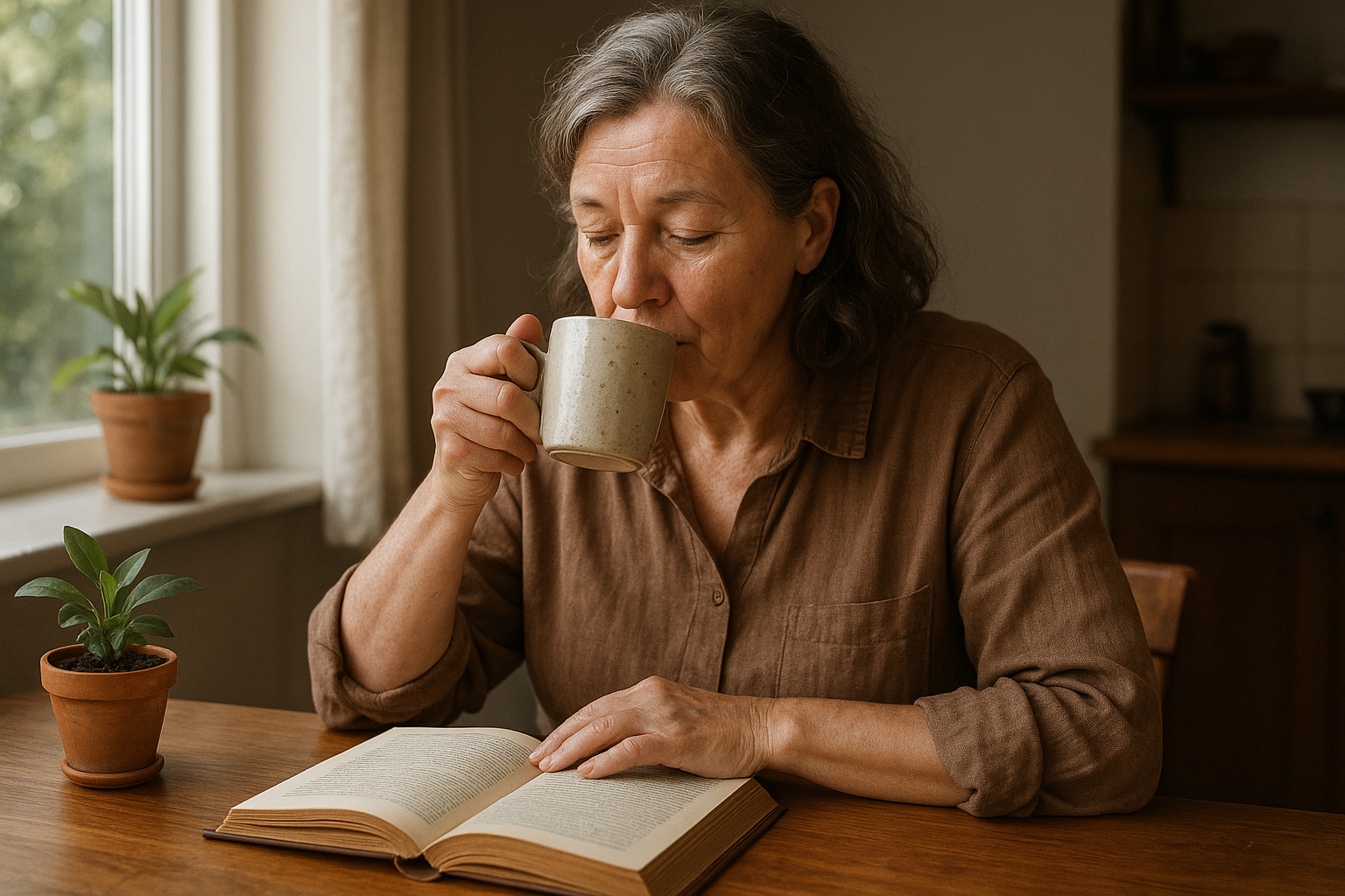 Irish woman in her 50s reading at a kitchen table, engaging in self-care.