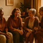 Group of middle-aged women in warm, sunlit room sharing supportive conversation.