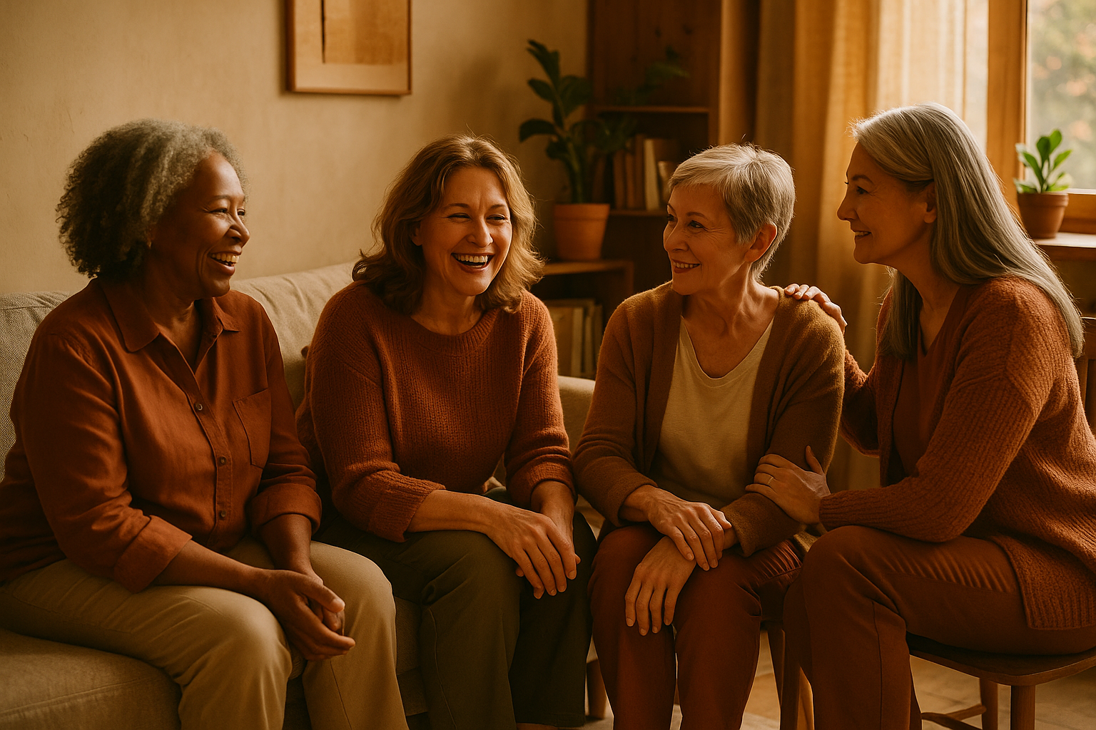 Group of middle-aged women in warm, sunlit room sharing supportive conversation.