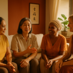 Women in Singapore discussing menopause care in a warm, inviting home environment.