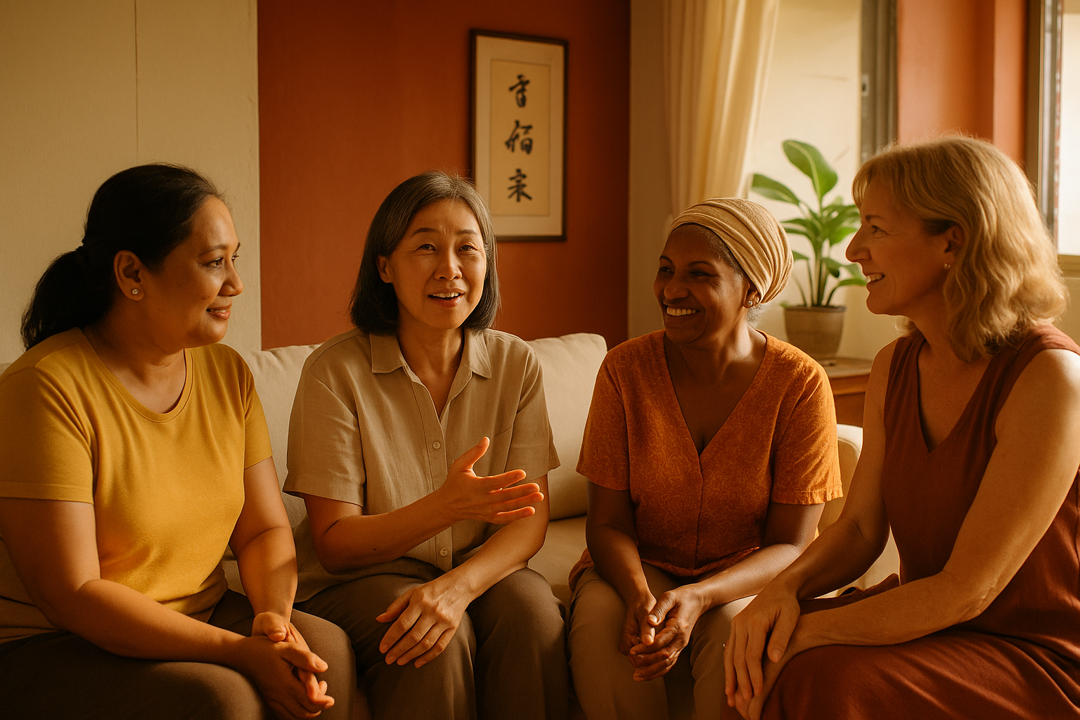 Women in Singapore discussing menopause care in a warm, inviting home environment.