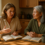 Two women having a conversation at a sunlit kitchen table with plants and books.