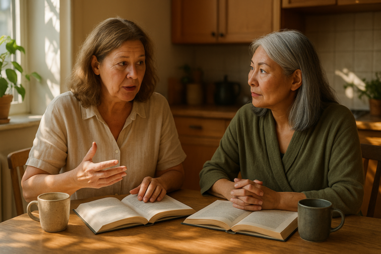 Two women having a conversation at a sunlit kitchen table with plants and books.