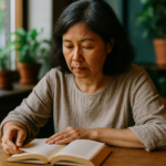 Woman in her late 50s reading at a café with natural light.