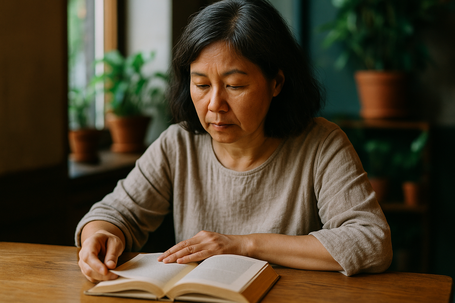 Woman in her late 50s reading at a café with natural light.