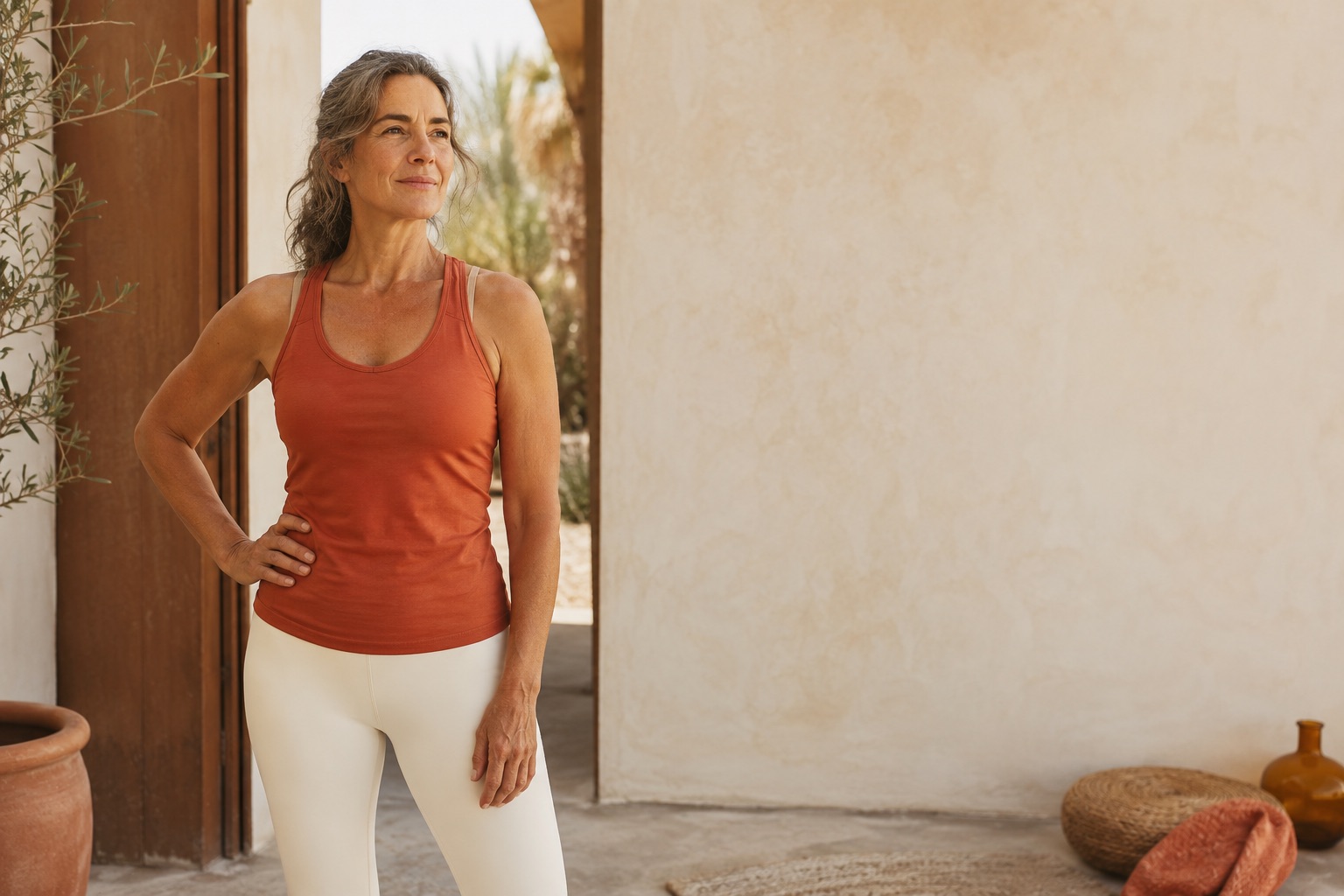 Woman standing outdoors in activewear, hand on hip, in warm light