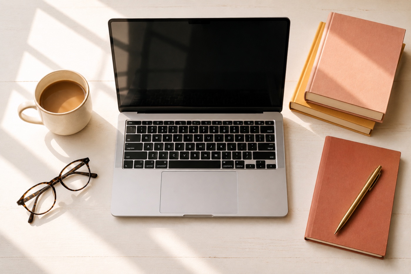 A laptop, coffee, glasses and notebooks on a sunlit desk