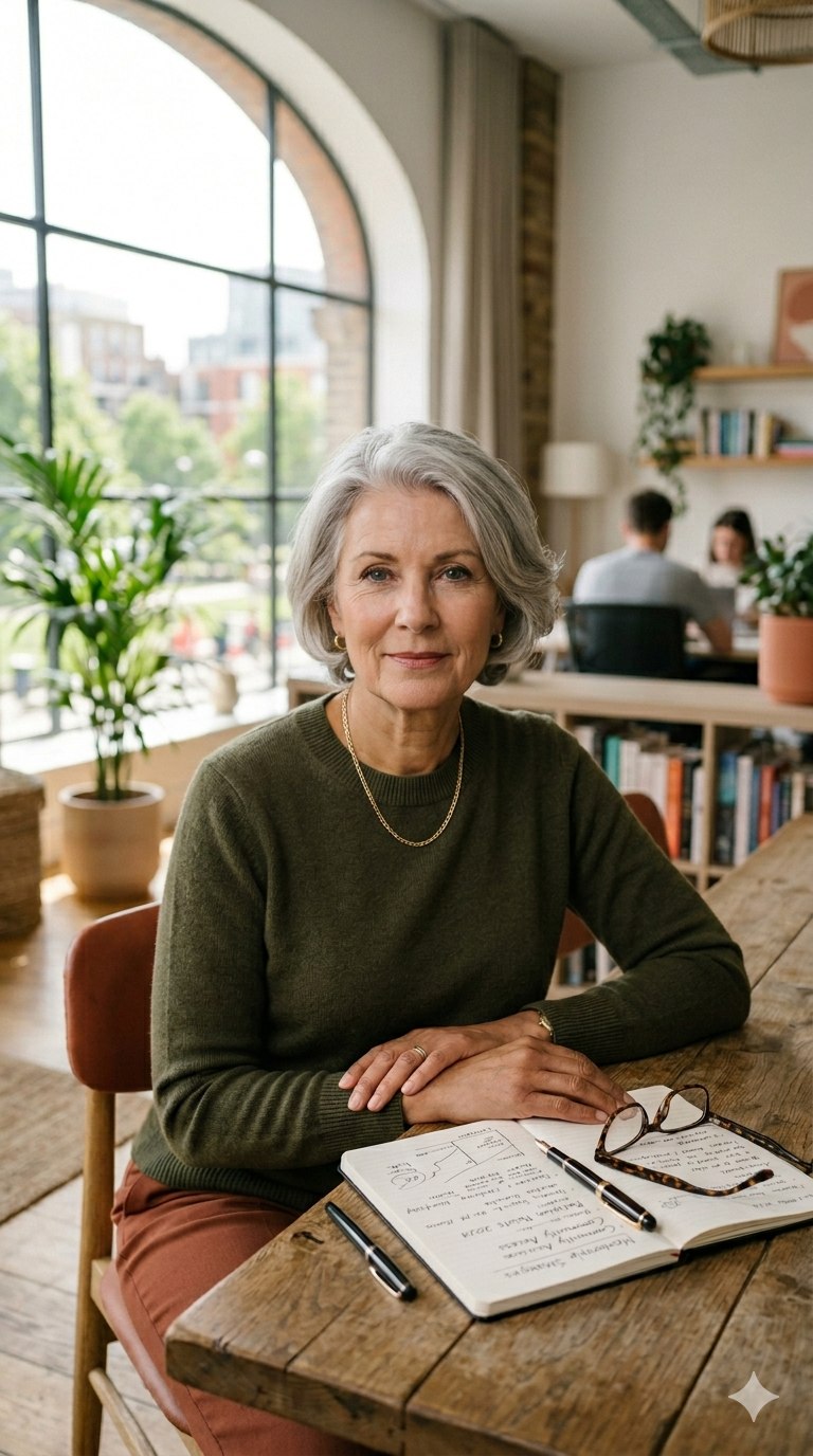 A woman in her menopause years, journaling in a sunlit room