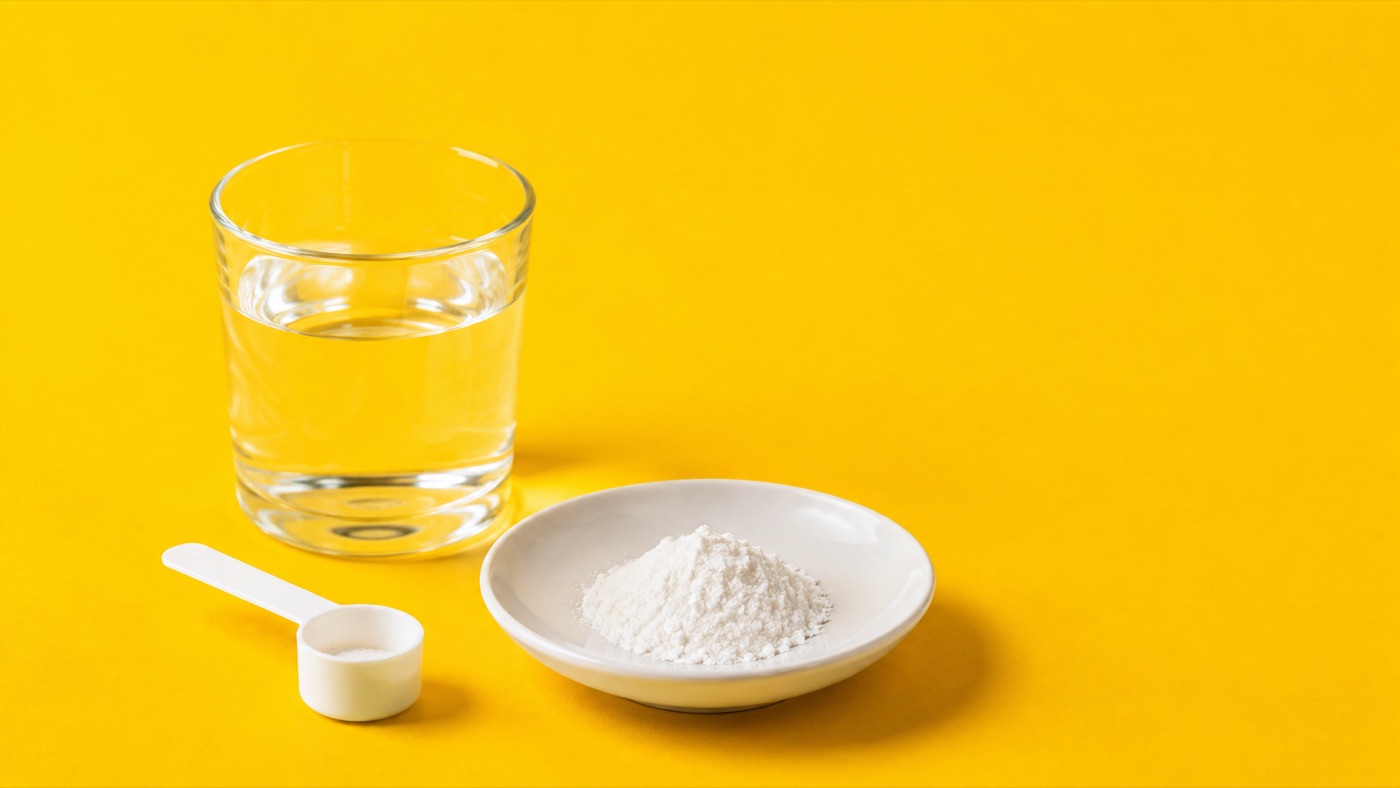 A glass of water beside a small dish of white powder and a measuring scoop on a bright yellow background