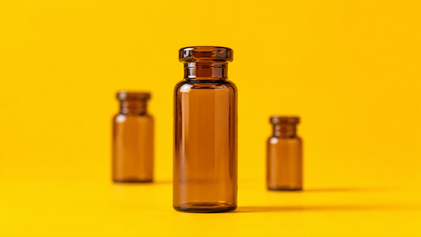 Three amber glass apothecary vials of different sizes on a bright yellow background