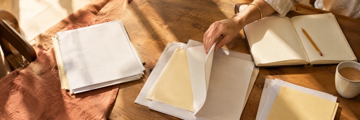 A woman's hand turning freshly printed pages on a sunlit wooden table, beside an open notebook and a cup of chai